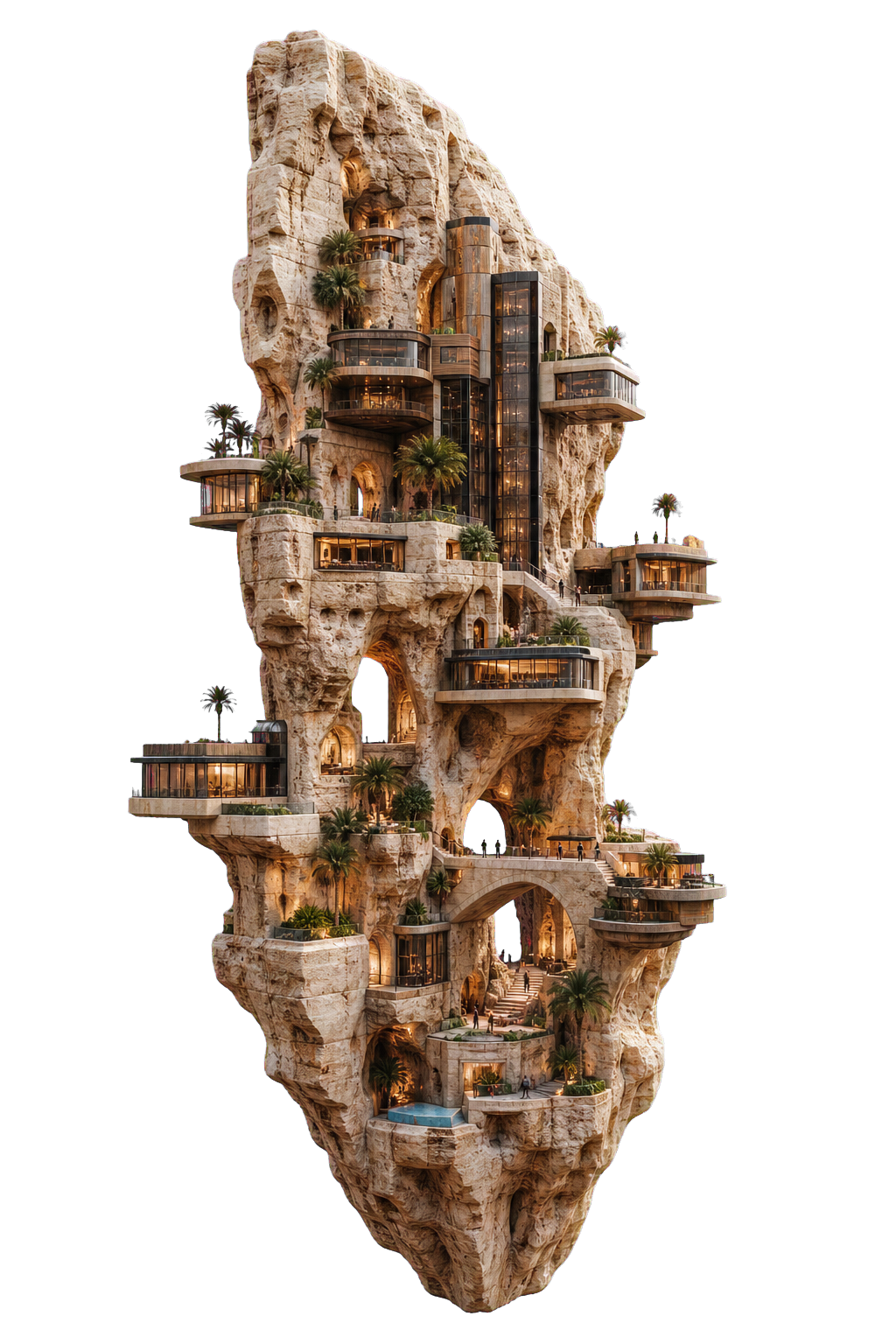A high-detail architectural render of a living district carved into UAE desert limestone