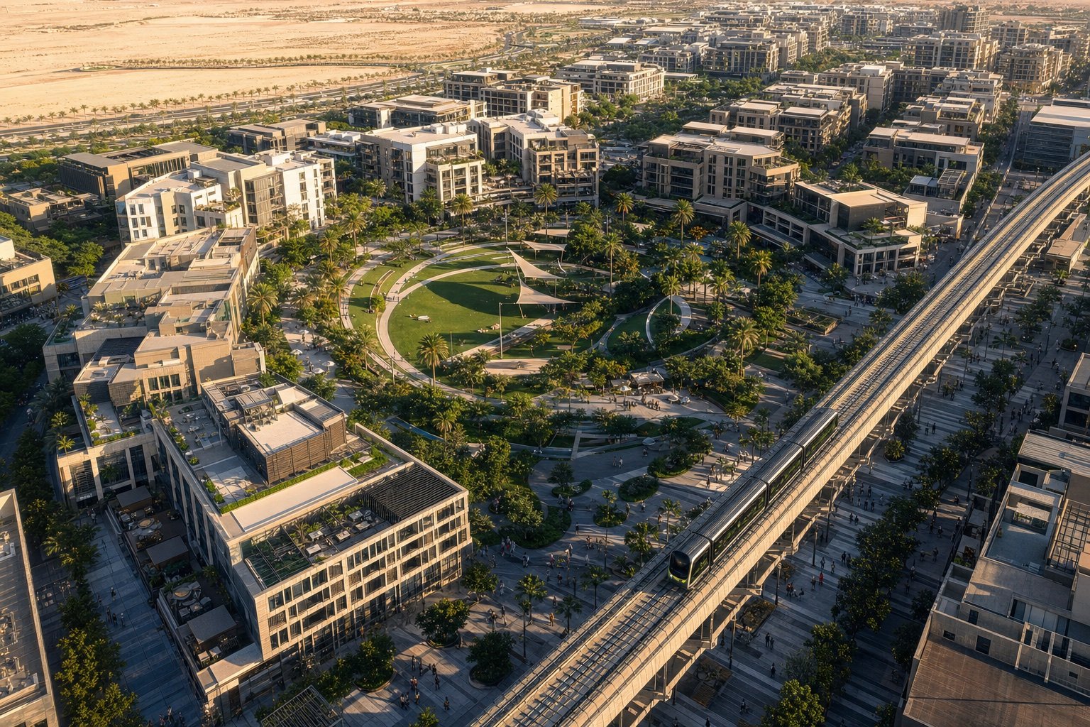 An aerial view of a walkable fictional Dubai district connected by transit